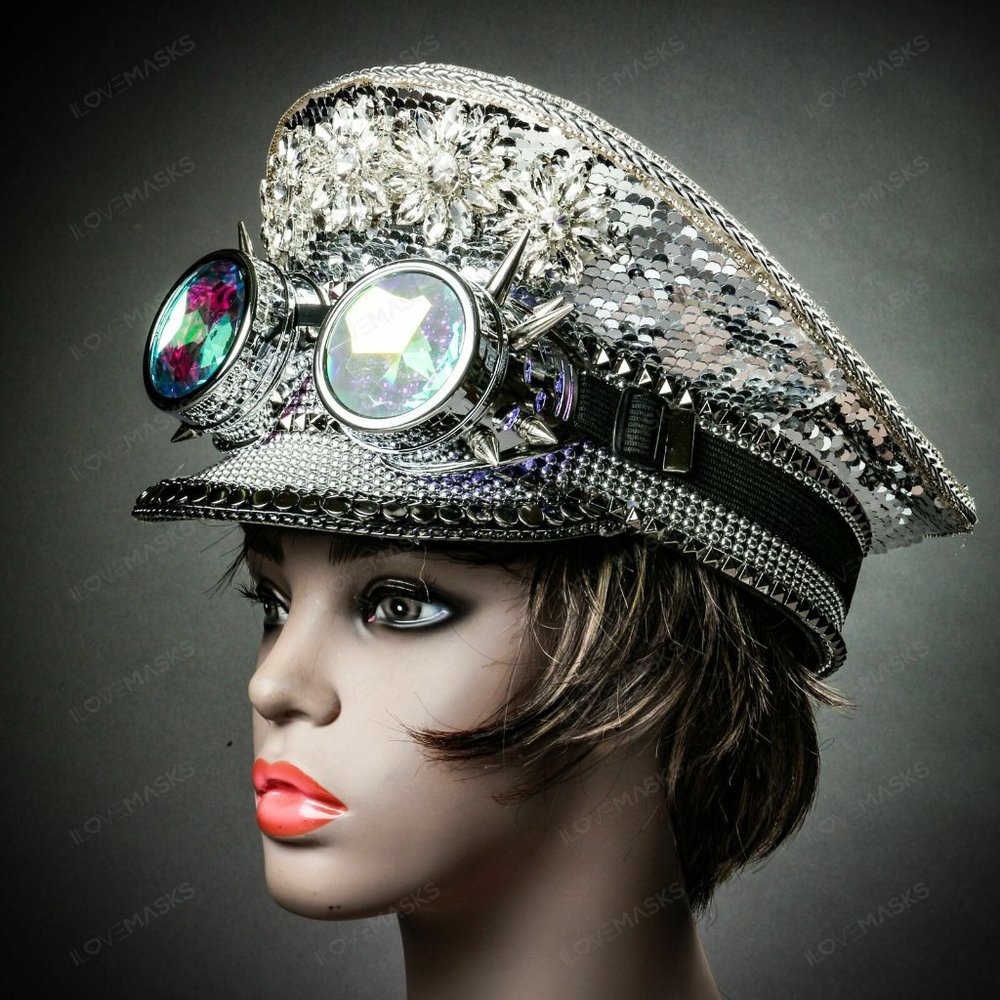 Burning Man Goggles Military Captain Sequin Hat Halloween Party Head Gear Hat